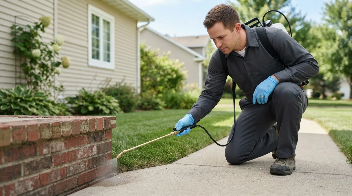 Pest control technician treating a home near Moriches, NY