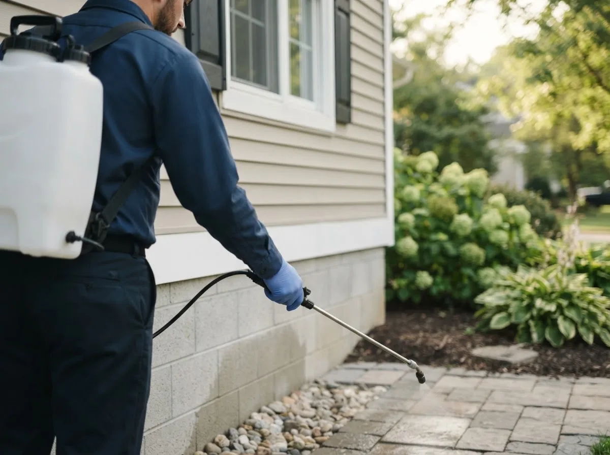 Pest control technician inspecting a home in Moriches, NY